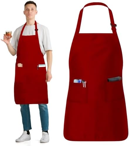 Adjustable Cotton Chef Aprons with 2 Pockets and Complimentary Bandana, Kitchen Apron for Women and Men