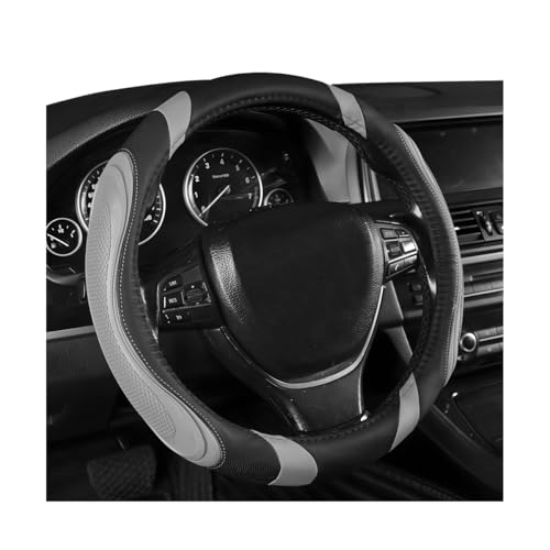 Car Leather Steering Wheel Cover, 15 Inch Elastic Anti-Slip PU Leather Steering Wheel Protector, Breathable Stylish Splice Color Steering Wheel Protective Cover for Most Cars Gray