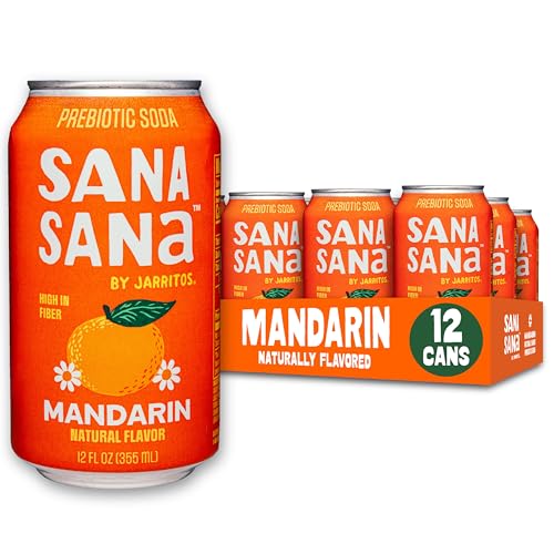 Sana Sana by Jarritos - Mexican Prebiotic Soda Soft Drinks, Mandarin 12 oz, 355ml 12 Cans - 40 Calories, 10g of Fiber - Low Sugar - Natural Flavor Soda Pop