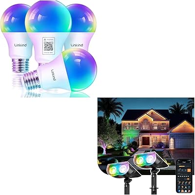 Linkind Matter Smart Light Bulb, Smart Bulbs Work with Apple Home, Siri, Alexa, Google Home, SmartThingsb Smart Solar Spotlight SL5C, Color Changing Landscape Lighting, APPVoice Control Sol