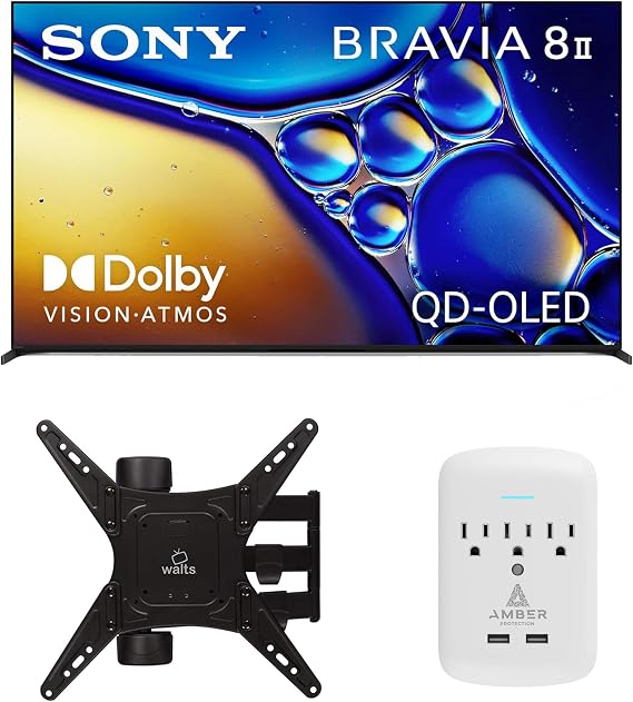 SONY K55XR80M2 55 Inch Bravia 8 QD-OLED 4K HDR Google TV with a Walts Medium Full Motion Mount for 32-65 TVs and Amber Protection 3-Outlet-Surge Surge Protector 2025