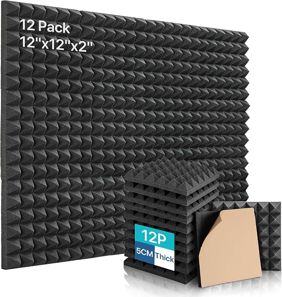 Sound Proof Foam Panels For Walls, Kuchoow Soundproof Wall Panels, 12 Pack Acoustic Foam Self-Adhesive, Acoustic Panels High Density, 12 X 12 X 2 inches Pyramid Shaped Black