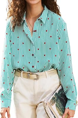Womens 100% Pure Mulberry Silk Blouse Long Sleeve Button Down Shirt Spring Summer Smooth Striped Tops Women Classic Shirts