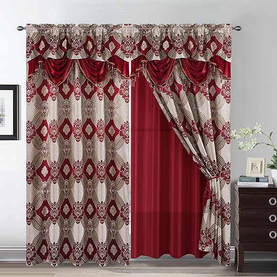 Petrichor Elegant Curtains with Gold Silver Threads 2 Panels Set - Luxury Window Treatment Attached Valance, Sheer Backing, and 2 Tie Backs for Bedroom and Living Room, 54x63 inches, Burgundy