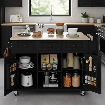 Rolling Kitchen Island with Storage, Moveable Kitchen Island with Drop Leaf, Portable Kitchen Storage Islands & Carts with Drawers and Shelves for Dinning Room