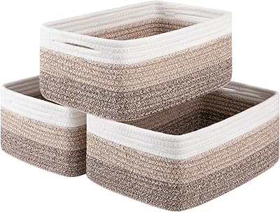 3 Pack Small Storage Baskets for Organizing, Cute Woven Decorative Gift Baskets for Shelves, Mini Closet Organizer Bins with Handles, 11.81Lx7.87Wx4.72H-Brown White